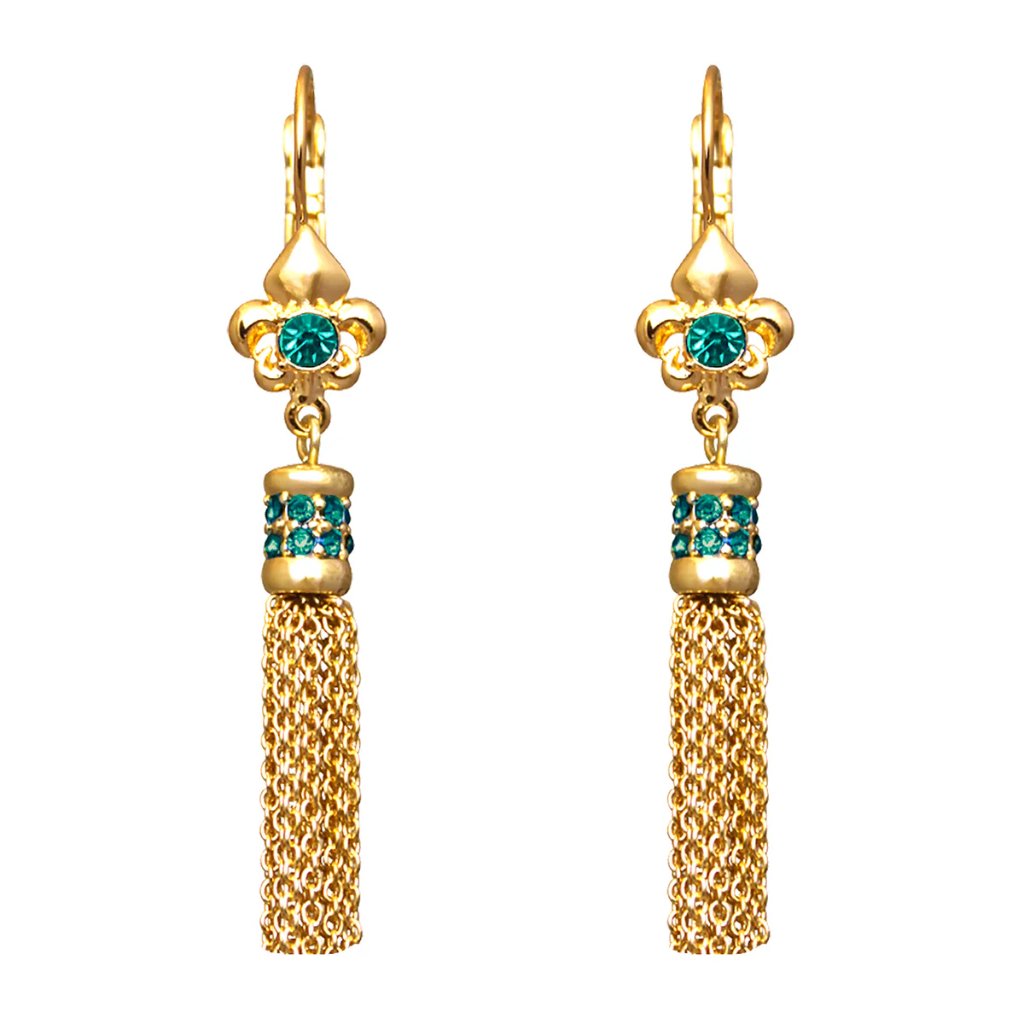 Ritzy Couture Fleur-De-Lis Blue Zircon Tassel Leverback Earrings-Goldtone Luxury